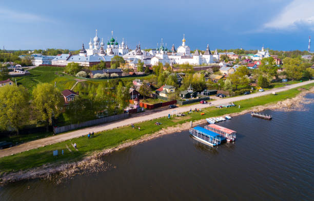 Aerial view of  district of Rostov Veliky (Rostov the Great) on riverside with church Aerial view of  district of Rostov Veliky (Rostov the Great) on riverside with church, Russia golden ring of russia photos stock pictures, royalty-free photos & images