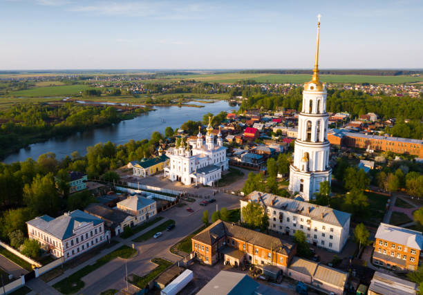 Aerial view of Shuya with Resurrection Cathedral Aerial view of Resurrection Cathedral on bank of Teza River in Russian city of Shuya, Ivanovo oblast ivanovo oblast photos stock pictures, royalty-free photos & images