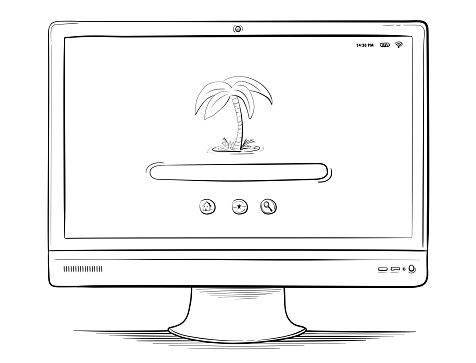 Computer Monitor Vector Drawing on White Background.