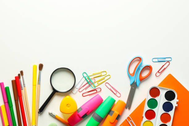 istock Flat lay composition with school supplies on white background, space for text 1156661965