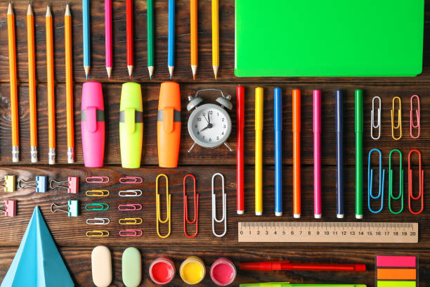 istock Flat lay composition with school supplies on wooden background 1156662018