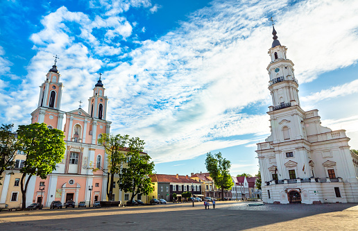 This pic shows the main town hall square of kaunas city. This is main centre point of Kaunis old  town.The pic is taken at day time in may 2019.