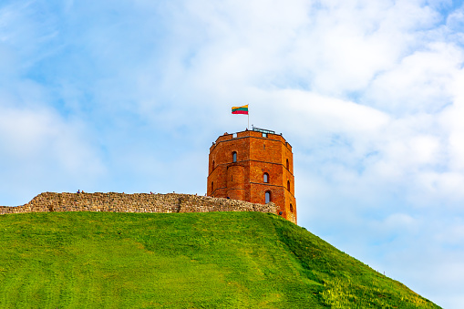 This pic shows famous Gediminas Tower in Vilnius, Lithuania. The picis taken in day time with blue clouds in background in june 2019.