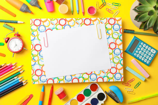 istock Flat lay composition with school supplies on color background, space for text 1156663054