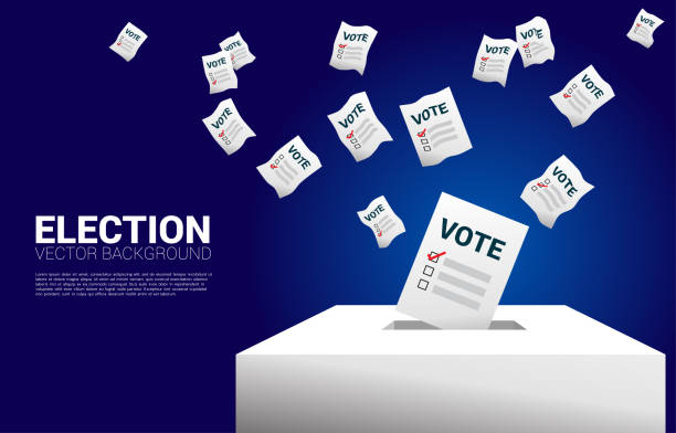 flying vote paper put in election box. concept for election vote theme background. voting ballot box voting ballot polling place stock illustrations