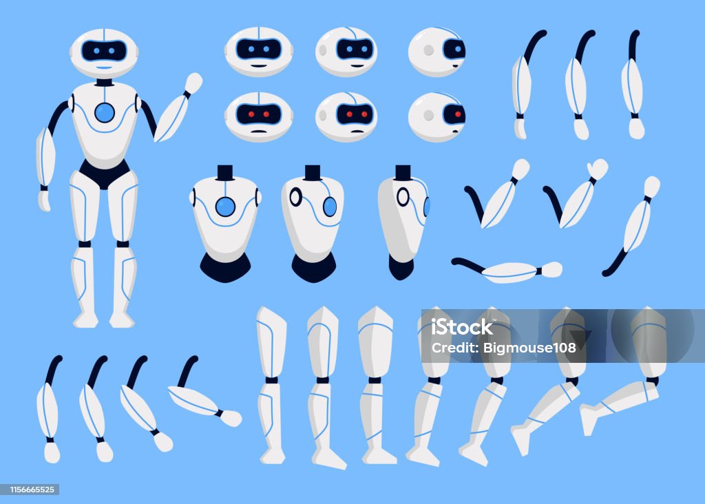 Robot Animation Set on a Blue. Vector Robot Animation Set on a Blue Background Include of Head, Leg, Arm and Body. Vector illustration of Cyborg Robot stock vector