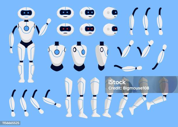 Robot Animation Set On A Blue Vector Stock Illustration - Download Image Now - Robot, Characters, Group Of Objects