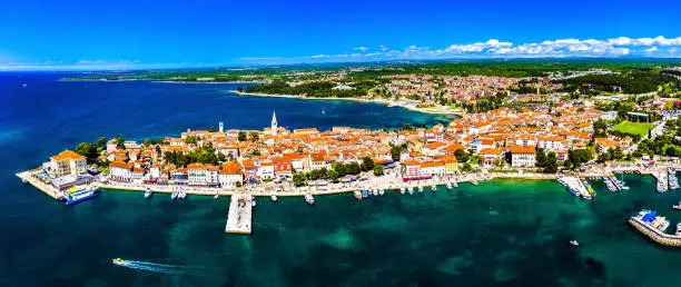 Aerial view of the old town of Porec on a peninsula in Croatia