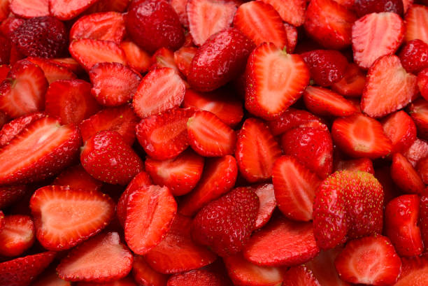 istock Strawberry slices. Fresh berries macro. Fruit background. Top view. 1156671274