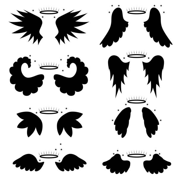 мультфильм силуэт черный ангел крылья установить. вектор - artificial wing wing eagle bird stock illustrations