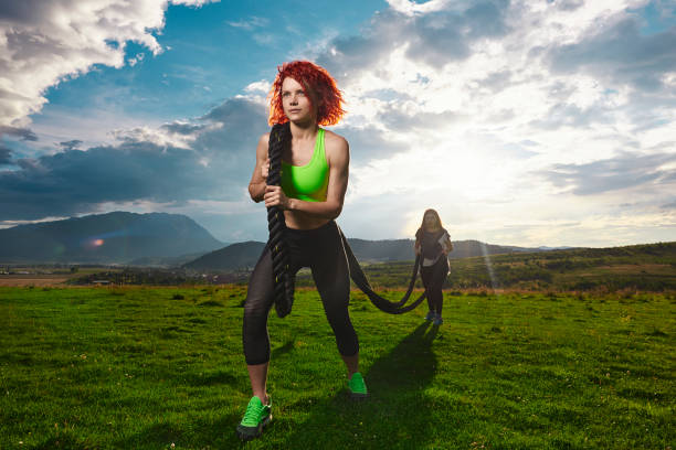 exercising with fitness instructor