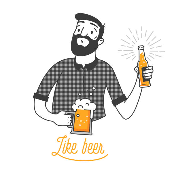鬍子男子喝冷啤酒向量插圖和喜歡啤酒排版設計。留著鬍鬚的嬉皮士拿著玻璃杯和一瓶啤酒。清潔扁平設計,用於酒吧和功能表設計。有史以來最好的啤酒 - 星期五 插圖 幅插畫檔、美工圖案、卡通及圖標