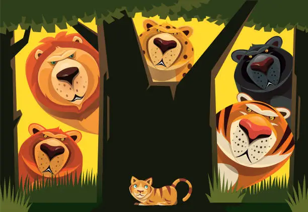 Vector illustration of cats meeting in jungle