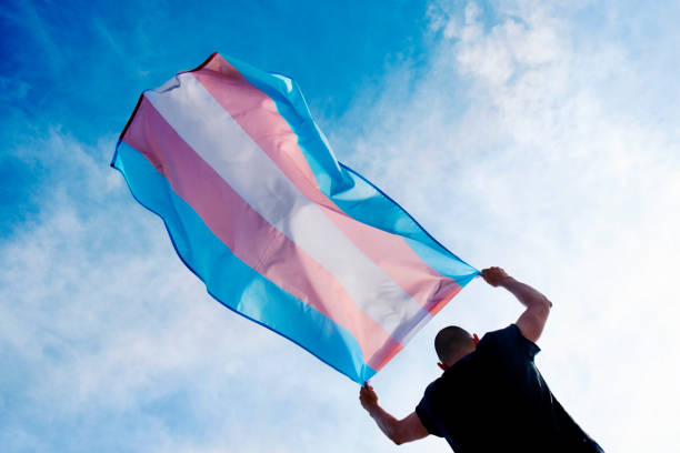 junge person mit einer transgender-pride-flagge - transsexuell stock-fotos und bilder