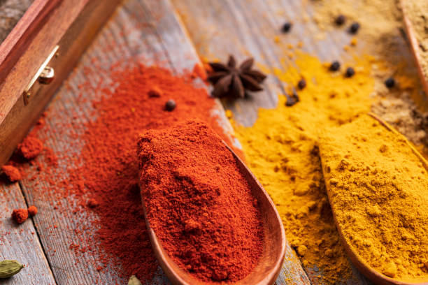 istock Chilli and turmeric powder on wooden Spoons 1156678151