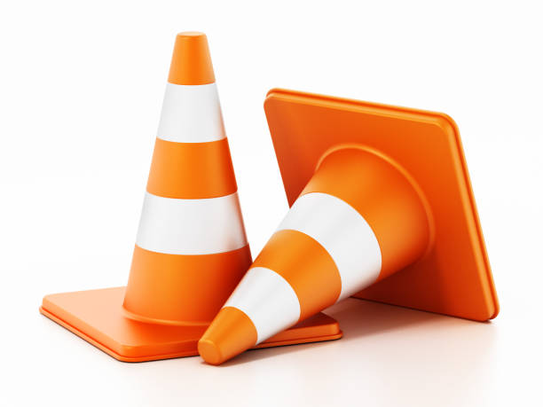 Striped orange and white traffic cones isolated on white Striped orange and white traffic cones isolated on white. traffic cone isolated road warning sign three dimensional shape stock pictures, royalty-free photos & images