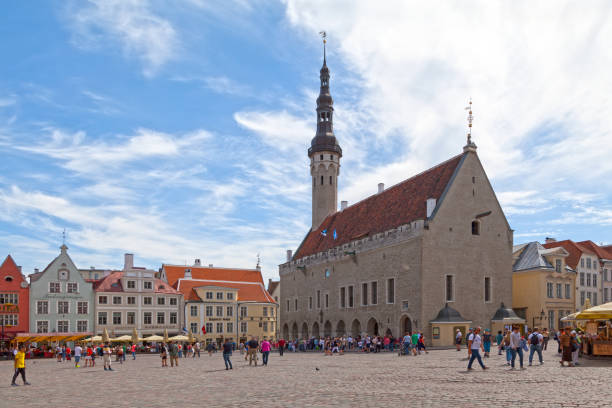 Tallinn, Estonia - June 17 2019: The Tallinn Town Hall (Estonian: Tallinna raekoda) is a building in the Old Town, next to the Town Hall Square. It is the oldest town hall in the whole of the Baltic region and Scandinavia.