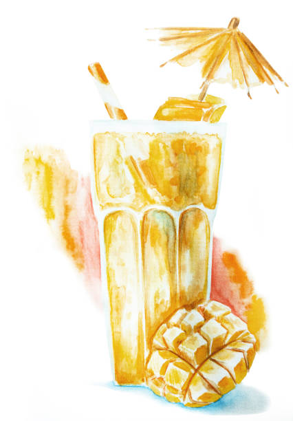 istock mango smoothie in a glass decorated with pieces of mango, umbrella and drinking straw isolated hand drawn illustration with clipping path 1156682321