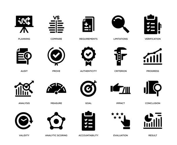 ilustraciones, imágenes clip art, dibujos animados e iconos de stock de conjunto de iconos de evaluación - control de calidad