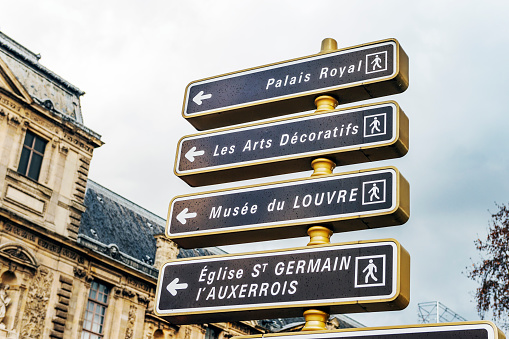Multi direction sign for tourists in Paris
