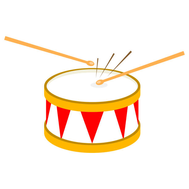 trommel, rote und weiße trommel isoliert auf weißem hintergrund. vektor-illustration einer trommel. - cymbal drumstick music percussion instrument stock-grafiken, -clipart, -cartoons und -symbole