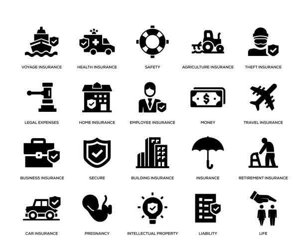 ilustraciones, imágenes clip art, dibujos animados e iconos de stock de conjunto de icones de seguros - insurance symbol computer icon travel