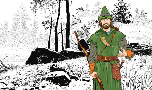 ilustrações de stock, clip art, desenhos animados e ícones de robin hood in a hat with feather. defender of weak. medieval legends. heroes of medieval legends. halftone background. - ballad