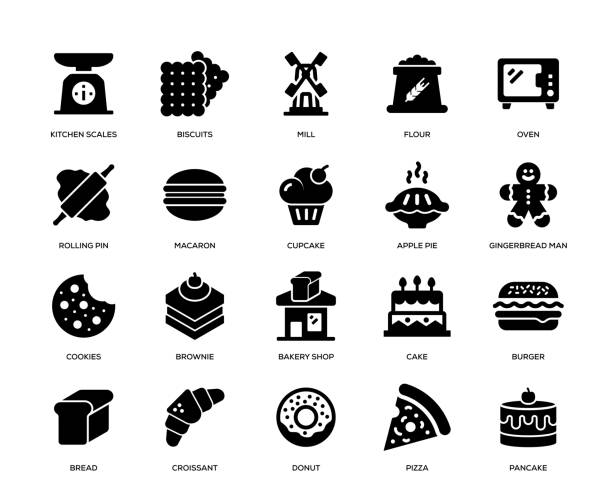 illustrazioni stock, clip art, cartoni animati e icone di tendenza di set di icone panetteria - turkey burger immagine