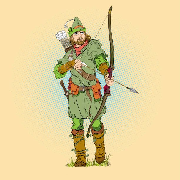 ilustrações, clipart, desenhos animados e ícones de robin hood em um chapéu com pena. defensor dos fracos. lendas medievais. heróis de lendas medievais. fundo de intervalo mínimo. - ballad