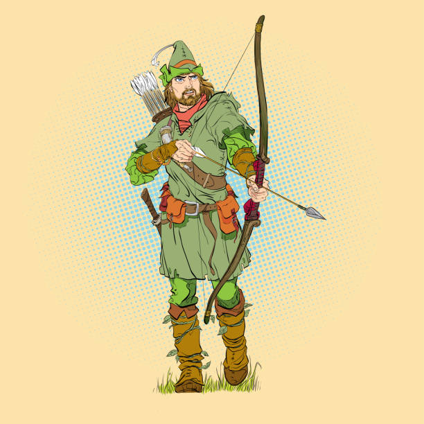 Robin Hood in a hat with feather. Defender of weak. Medieval legends. Heroes of medieval legends. Halftone background. Robin Hood in a hat with feather. Young soldier. Noble robber. Defender of weak. Medieval legends. Heroes of medieval legends. Halftone background. pixelated face man stock illustrations