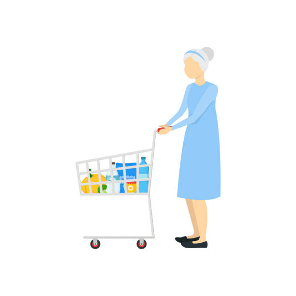 illustrazioni stock, clip art, cartoni animati e icone di tendenza di personaggi dei cartoni animati persona femminile invecchiata moderna. vettore - senior adult aging process supermarket shopping