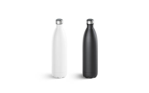 istock Blank white and black thermo sport bottles mockup, side view 1156690404