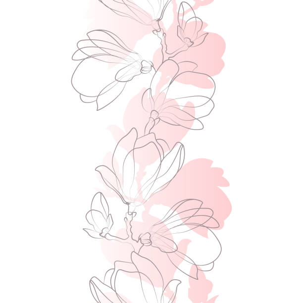 Seamless pattern of outlined magnolia flowers Gray line sketch on pastel pink gradient silhouette. Vector illustration pink flowers stock illustrations