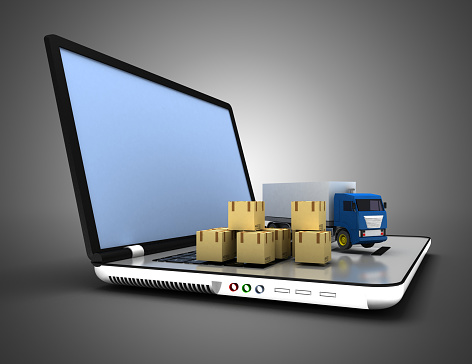 3d logistic concept. truck and laptop. 3d illustration