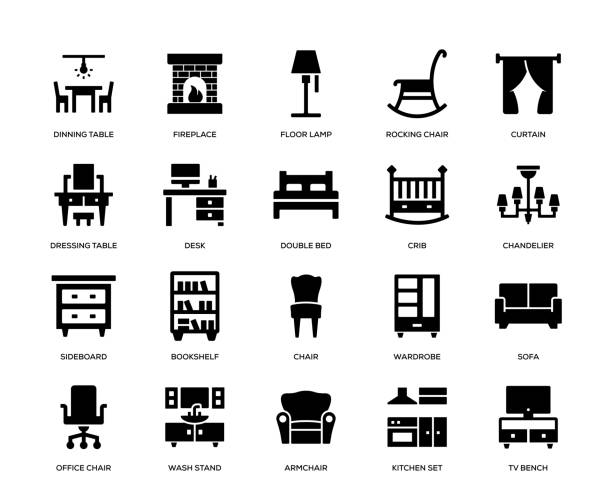 zestaw ikon mebli - chandelier residential structure living room sofa stock illustrations