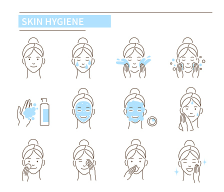 Skin care and hygiene procedures. Line style vector illustration isolated on white background.