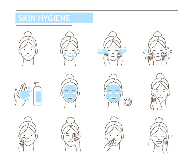 skin hygiene Skin care and hygiene procedures. Line style vector illustration isolated on white background. facial mask beauty product illustrations stock illustrations