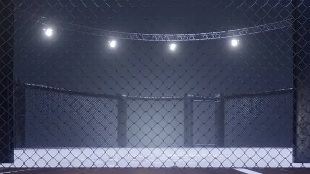 Photo of Mma arena side view. Empty fight cage under lights. 3D rendering