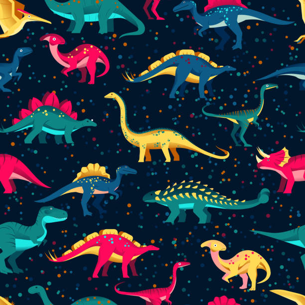 ilustrações de stock, clip art, desenhos animados e ícones de colorful cute dinosaurs on black background. vector seamless pattern. fun textile cartoon kids print design - anquilossauro