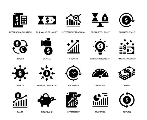 illustrations, cliparts, dessins animés et icônes de ensemble d'icônes de retour sur investissement - business stock market stock market data instrument of measurement