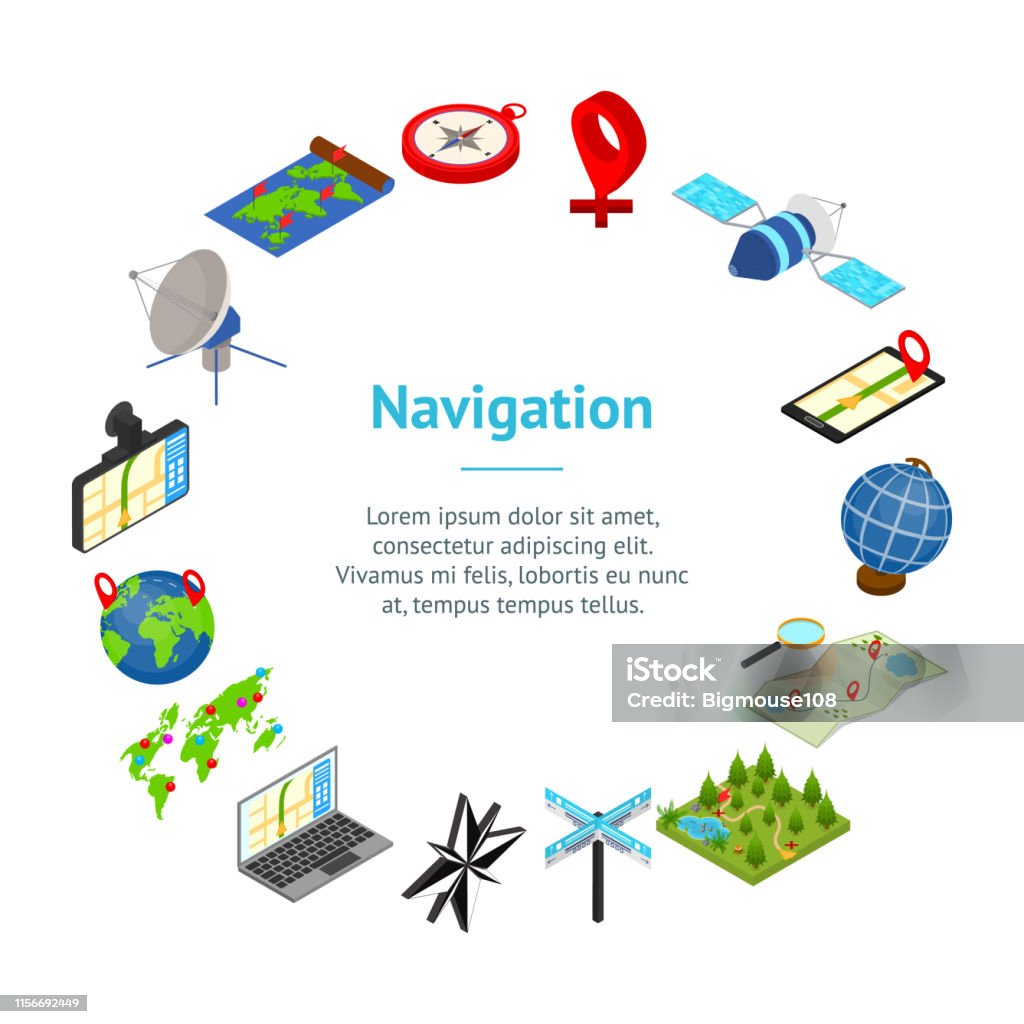 Navigating Tools Drawing Navigation Methods Tools Signs 3d Banner Card Circle Isometric View ...