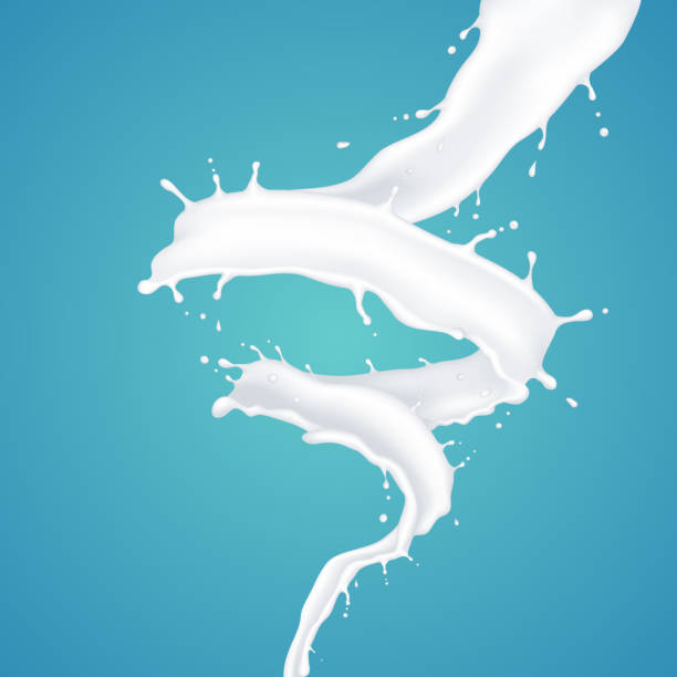 realistyczny przepływ mleka helix i rozprysk, izolowany na niebieskim tle. - drink close up dairy product flowing stock illustrations