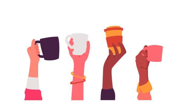 stockillustraties, clipart, cartoons en iconen met handen met koffie cups vector illustratie - menselijke hand illustraties