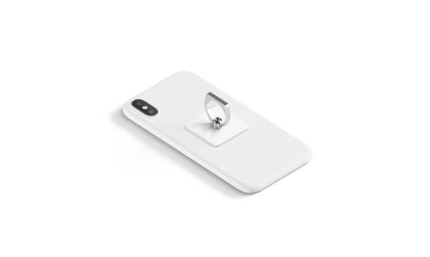 istock Blank white finger grip sticked on lying phone mockup, 1156697517