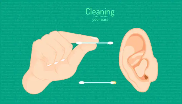 Vector illustration of hand holding cotton buds cleaning an ear. body part beautiful color. vector illustration eps10