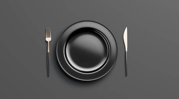 mockup piatto nero vuoto con forcella e coltello, vista dall'alto - table knife silverware black fork foto e immagini stock