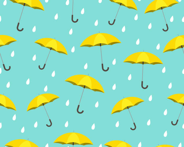 ilustrações, clipart, desenhos animados e ícones de teste padrão sem emenda do guarda-chuva amarelo com gotas que chove no fundo azul-ilustração do vetor - decoration seamless drop occupation