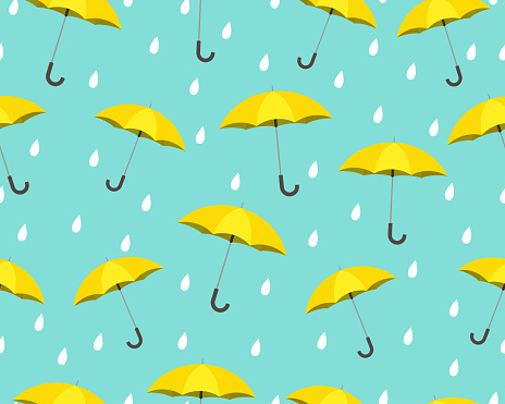 Seamless pattern of yellow umbrella with drops raining on blue background - Vector illustration