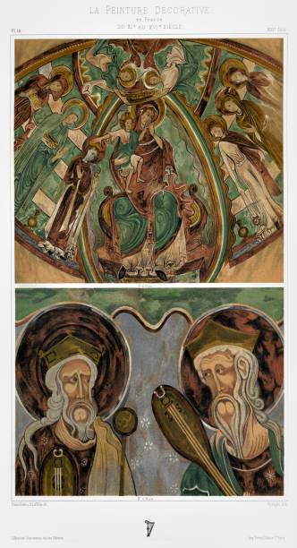Paintings in the crypt of the church Notre-Dame de Montmorillon (Vienne), from France decorative paint 1896 France, ornaments, borders, mural panels, paintings, manuscripts, etc. 1890-1899 psaltery stock illustrations