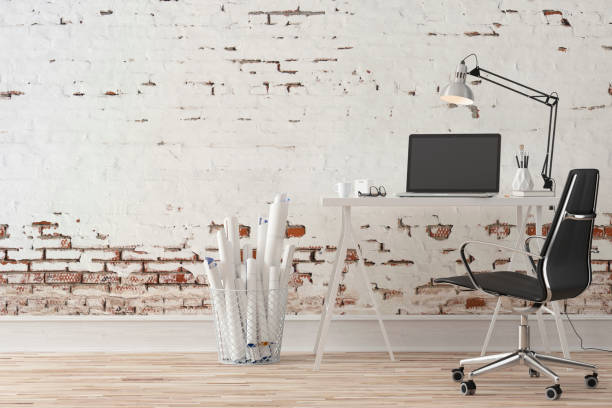 istock Workdesk with decoration and copy space - ruined wall 1156703256